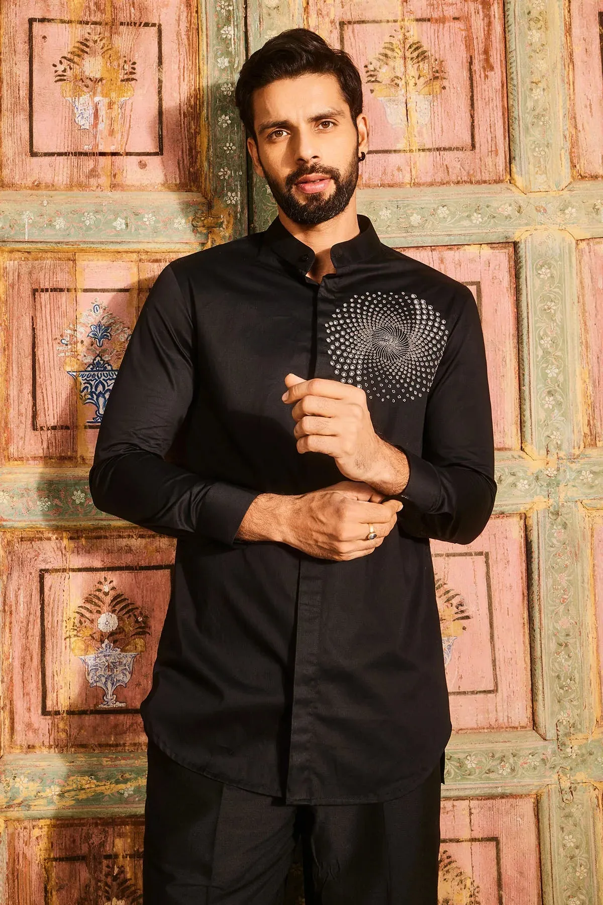 Black Embroidered Shirt And Black Pant Set