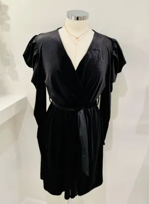 Black Velvet Puff Sleeve Wrap Dress