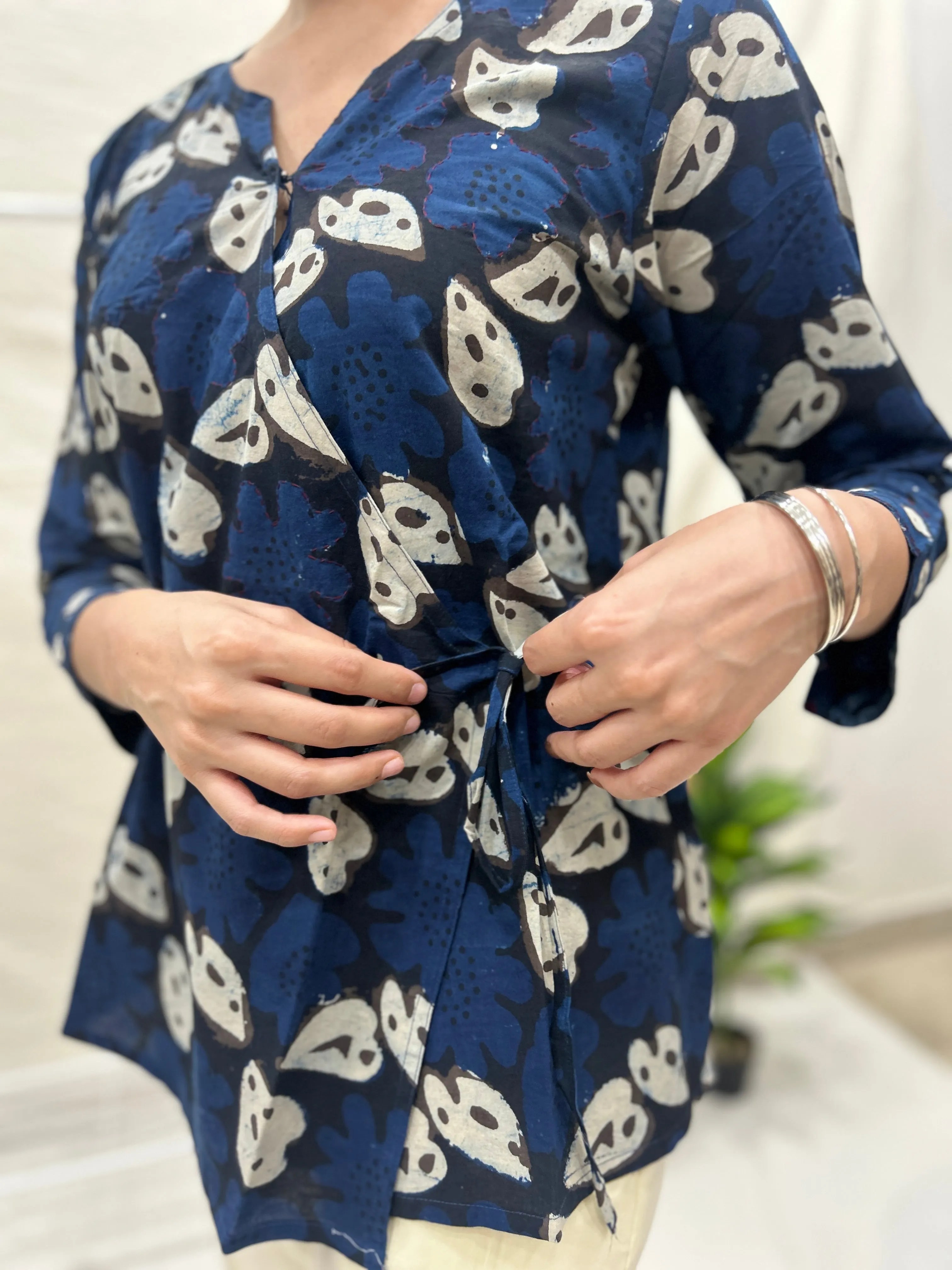 Block Printed Cotton Wrap Top Aqua