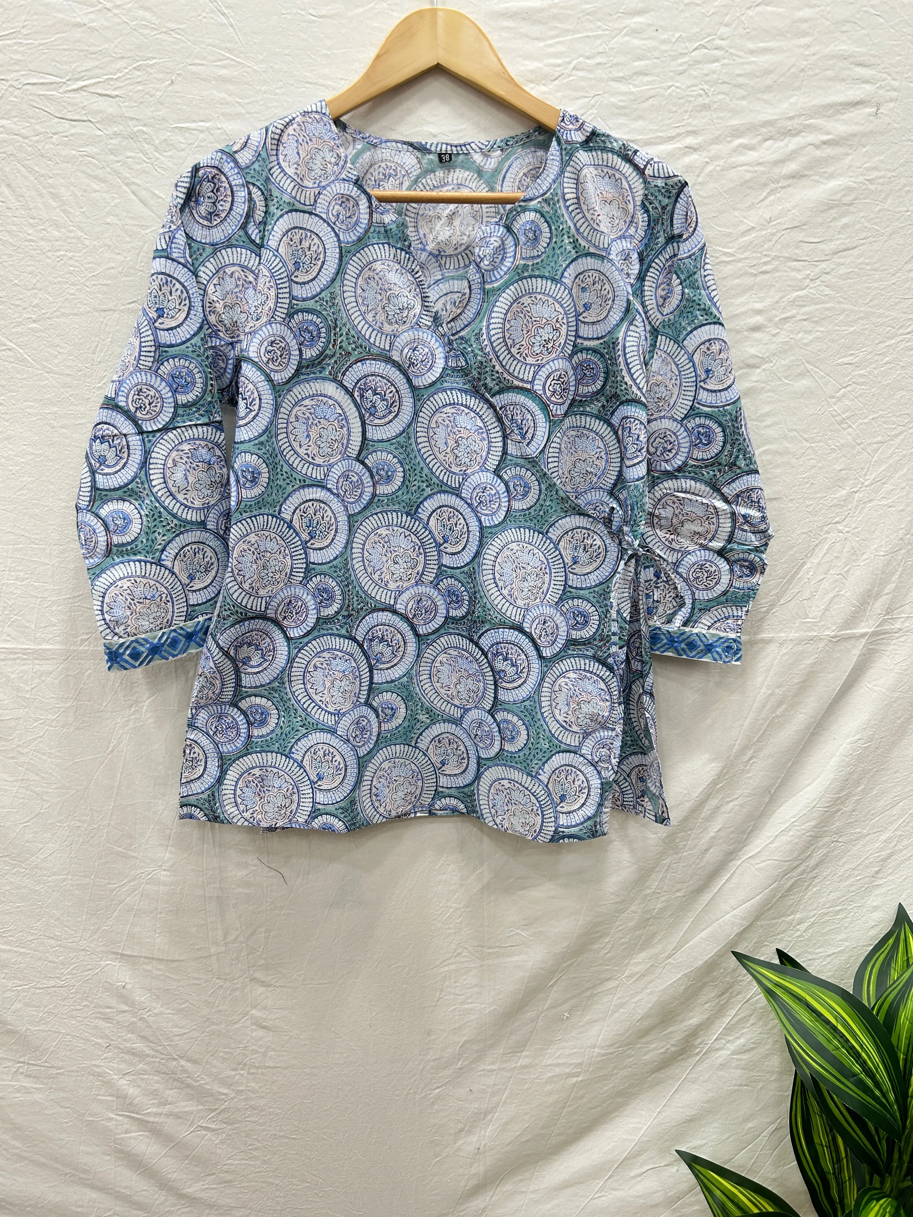 Block Printed Cotton Wrap Top Aqua