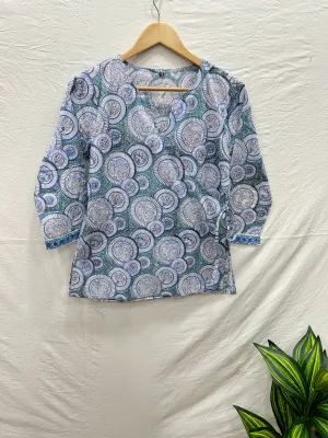 Block Printed Cotton Wrap Top Aqua