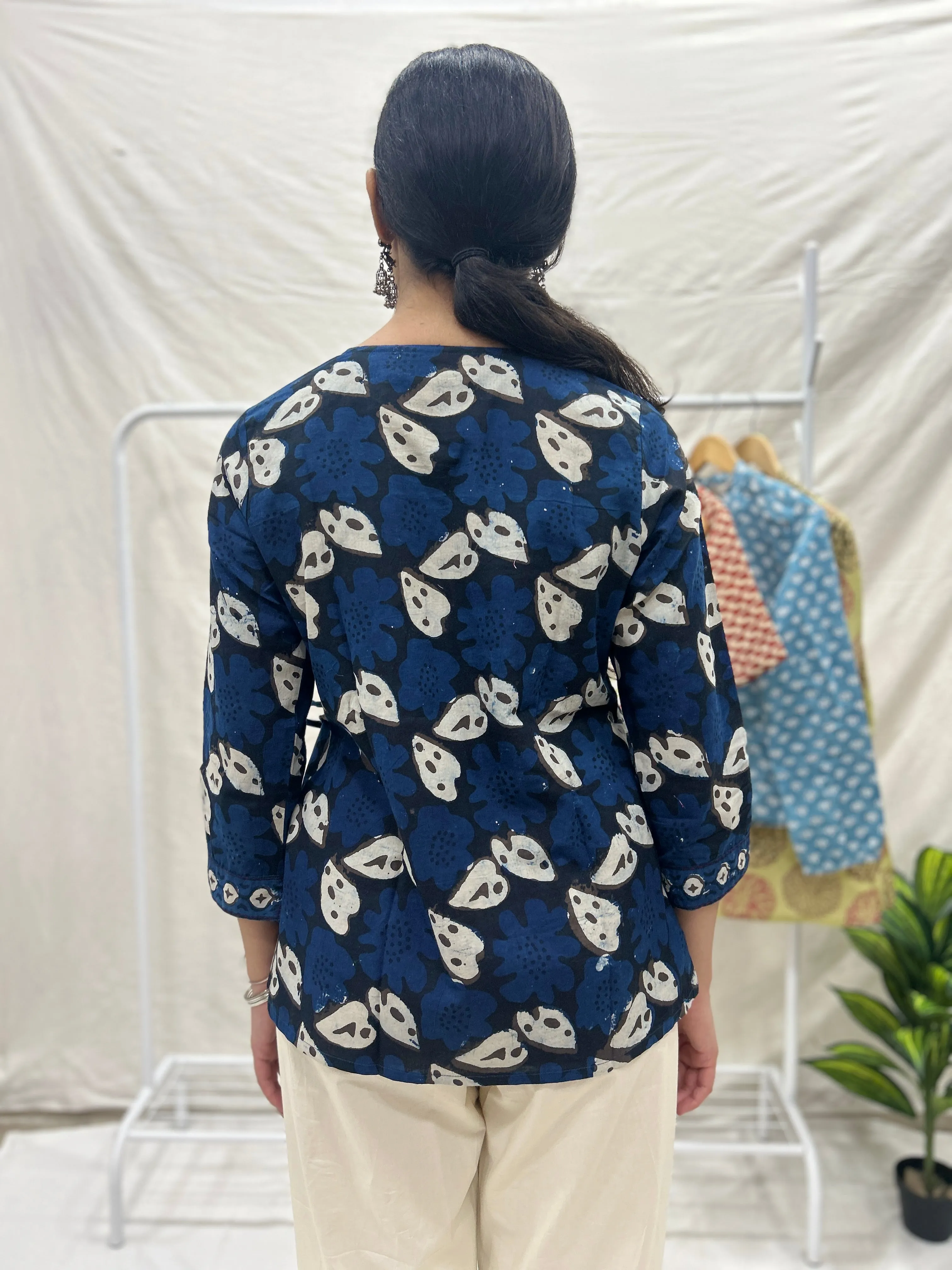 Block Printed Cotton Wrap Top Aqua