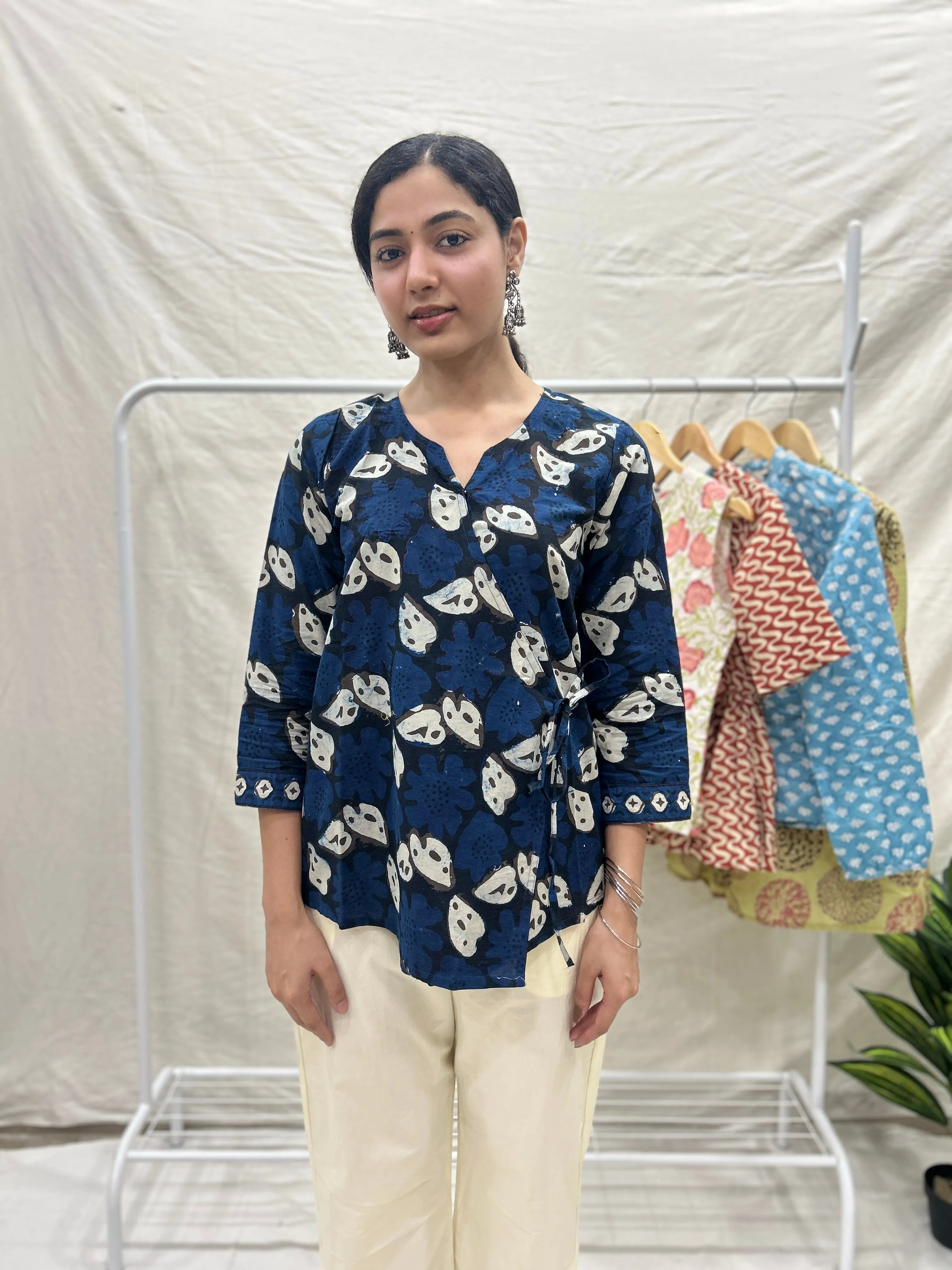Block Printed Cotton Wrap Top Aqua
