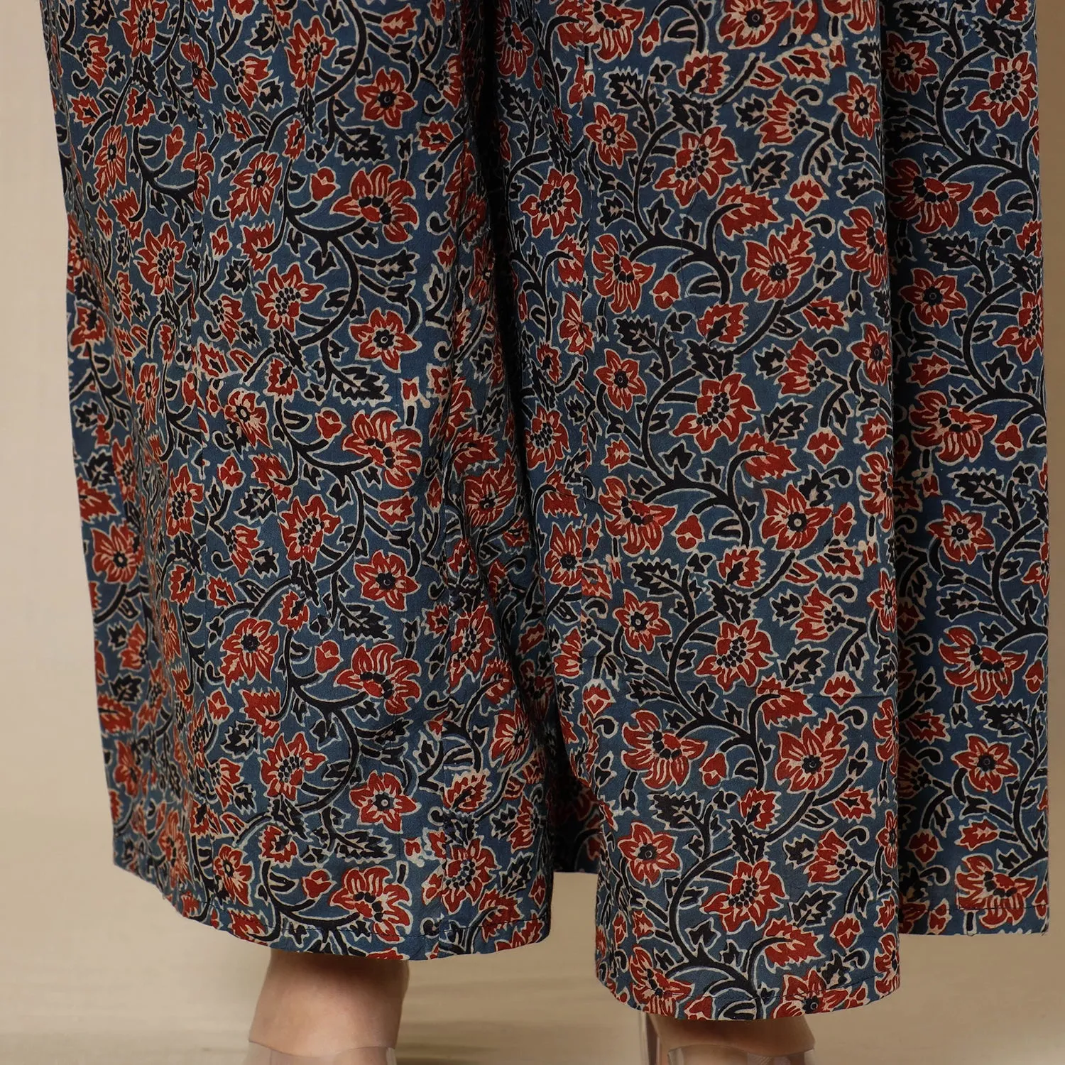Blue - Ajrakh Block Printing Cotton Flared Palazzo