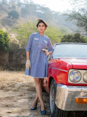 Blue & White Cotton Checked Print Flared Dress