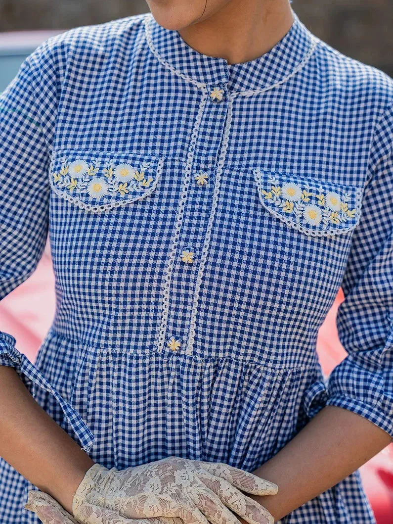 Blue & White Cotton Checked Print Flared Dress