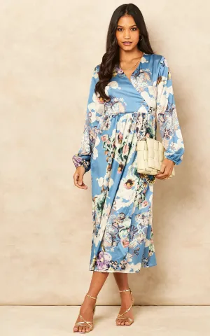 Blue Floral Wrap Dress with Side Slit