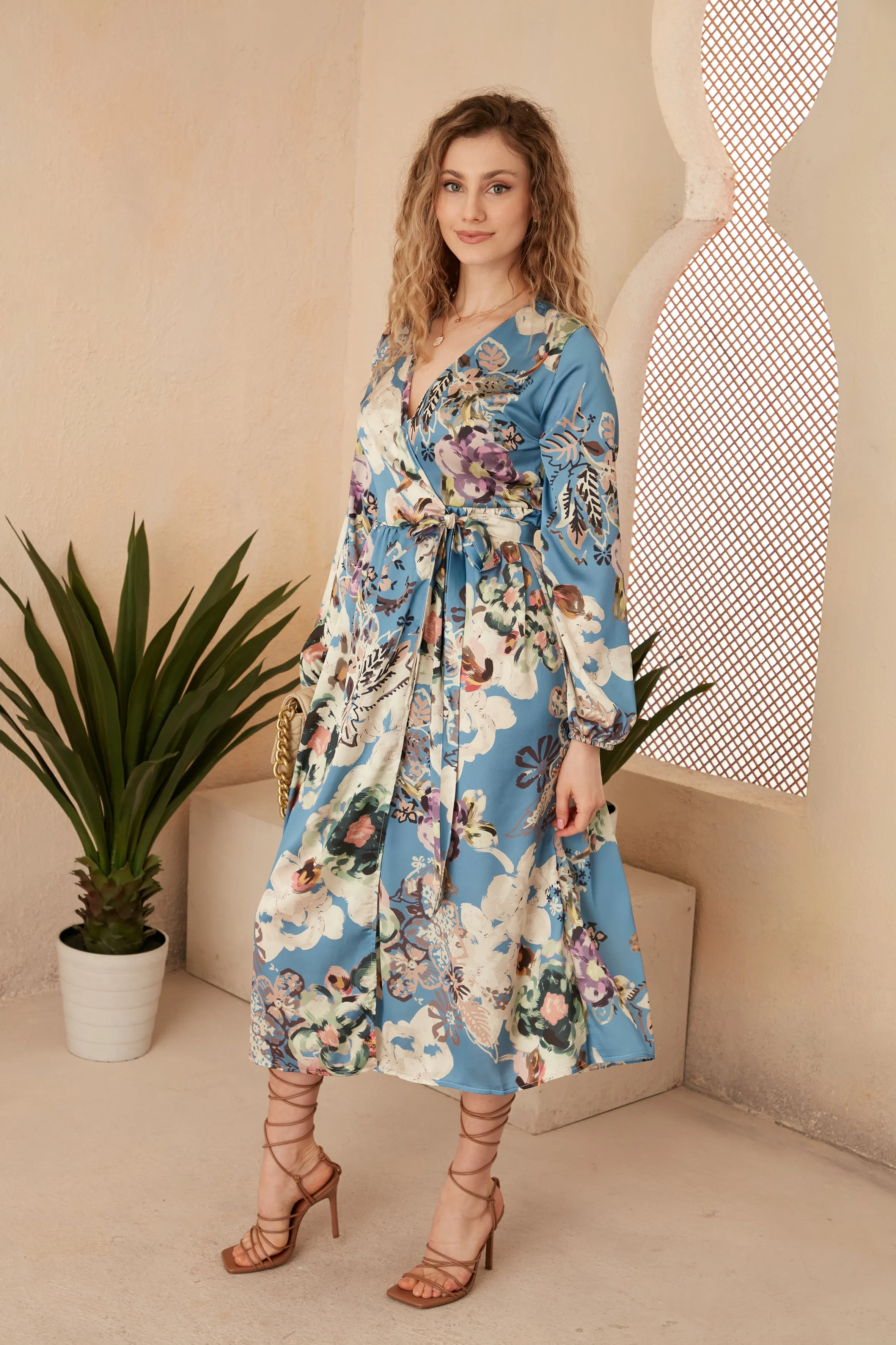 Blue Floral Wrap Dress with Side Slit