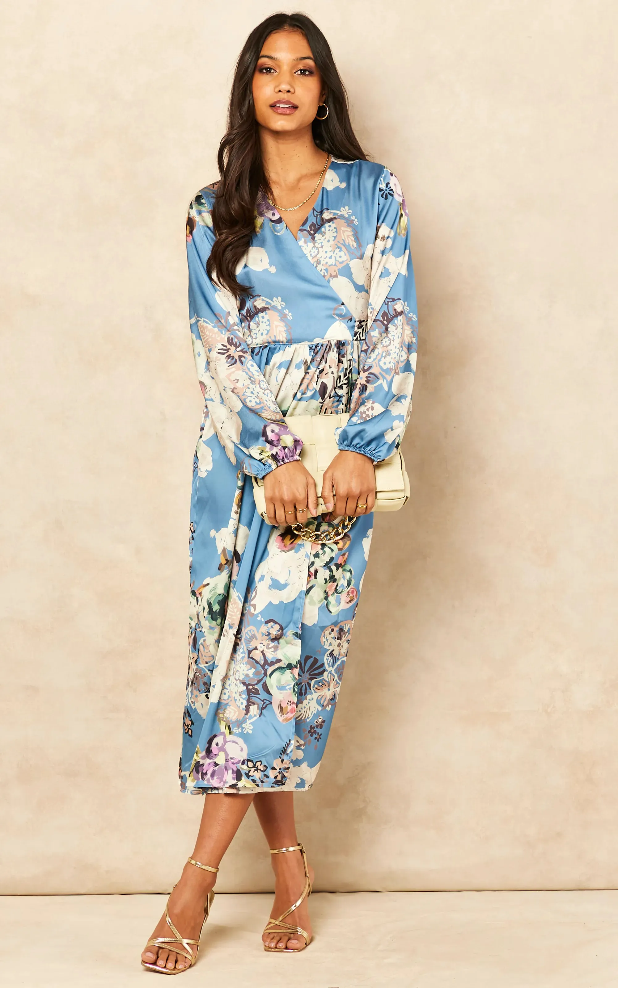 Blue Floral Wrap Dress with Side Slit