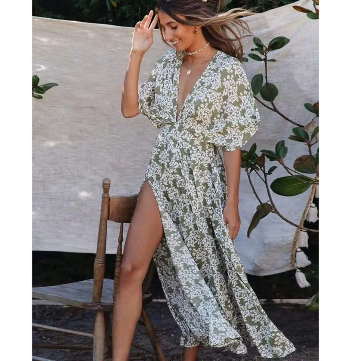 Boho Wrap Green Maxi Dress