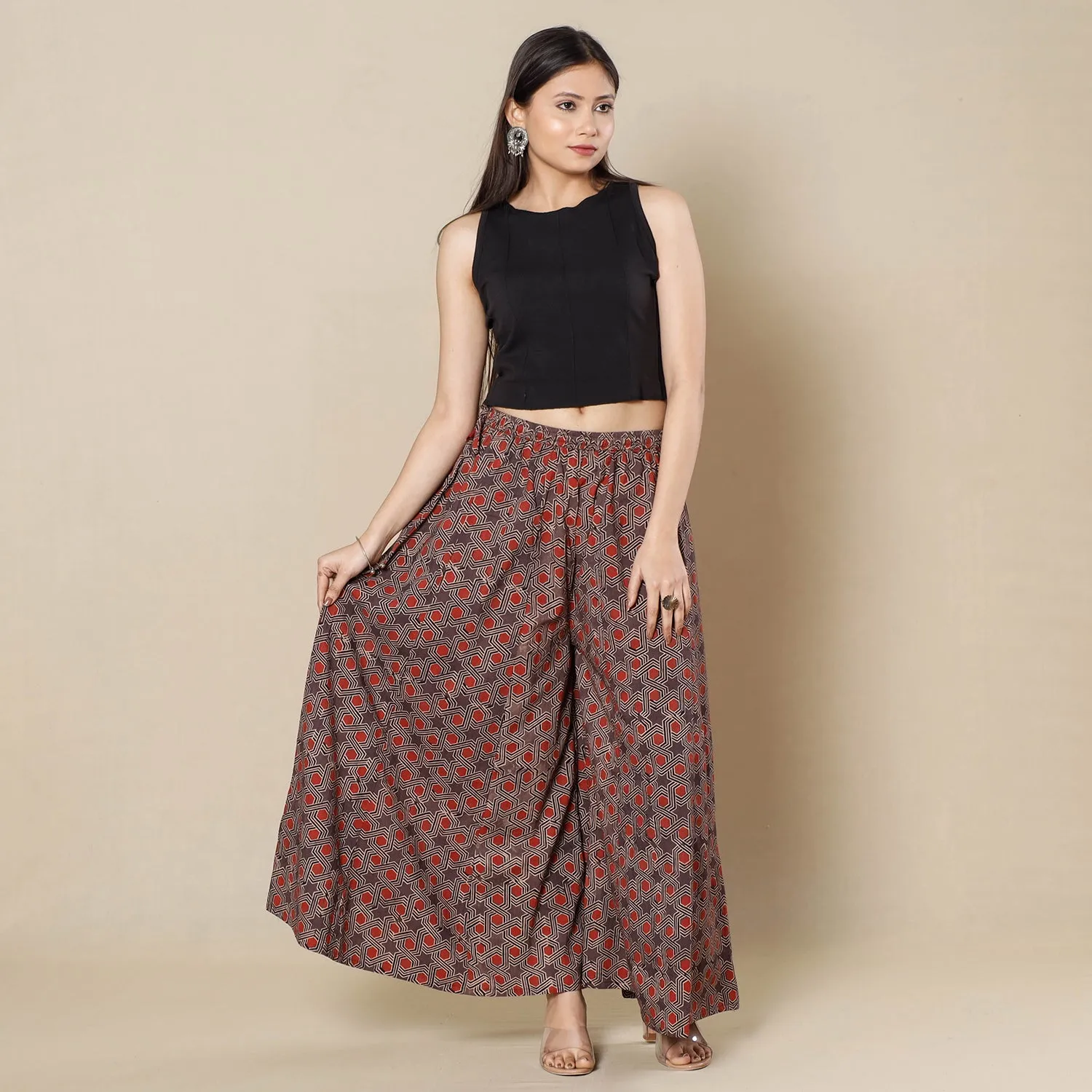 Brown - Ajrakh Block Printing Cotton Flared Palazzo