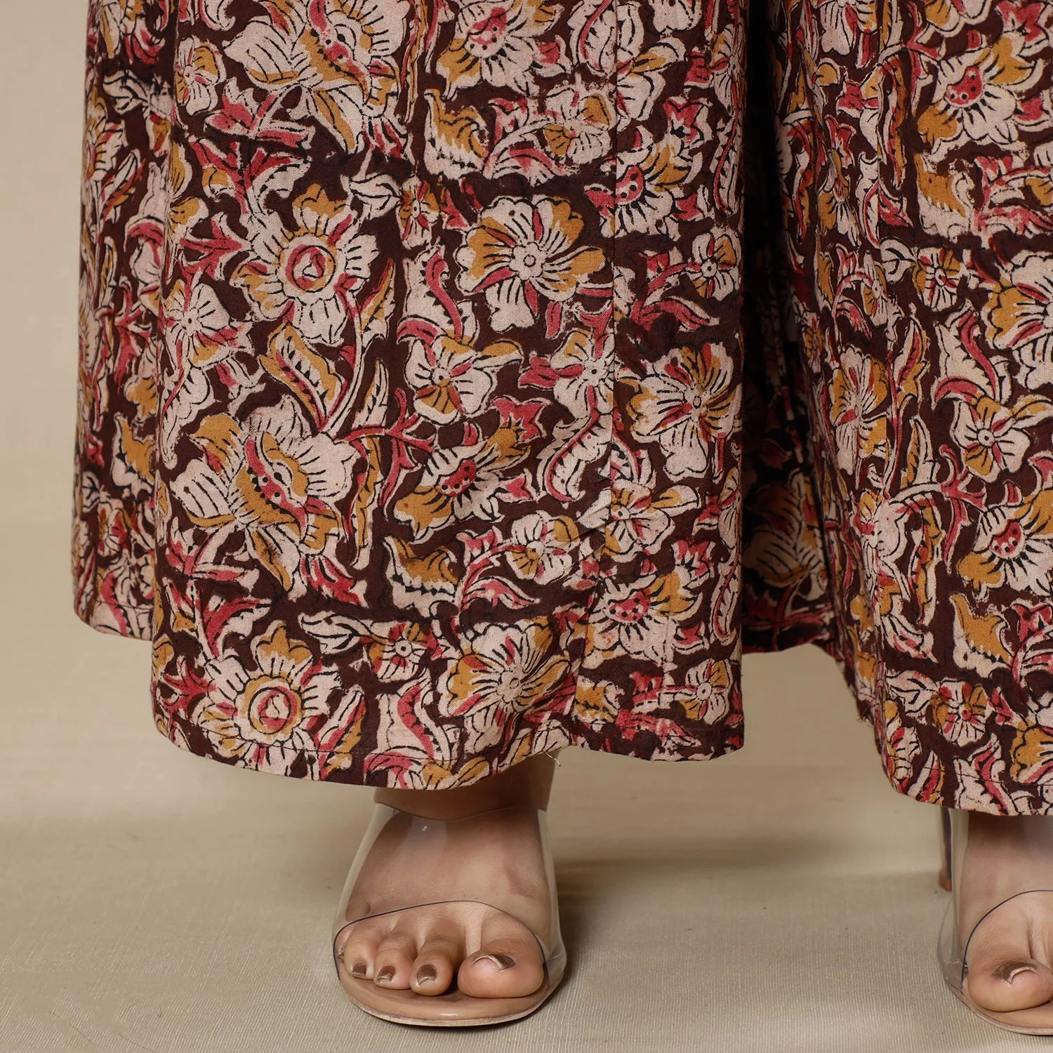 Brown - Kalamkari Block Printing Cotton Flared Palazzo