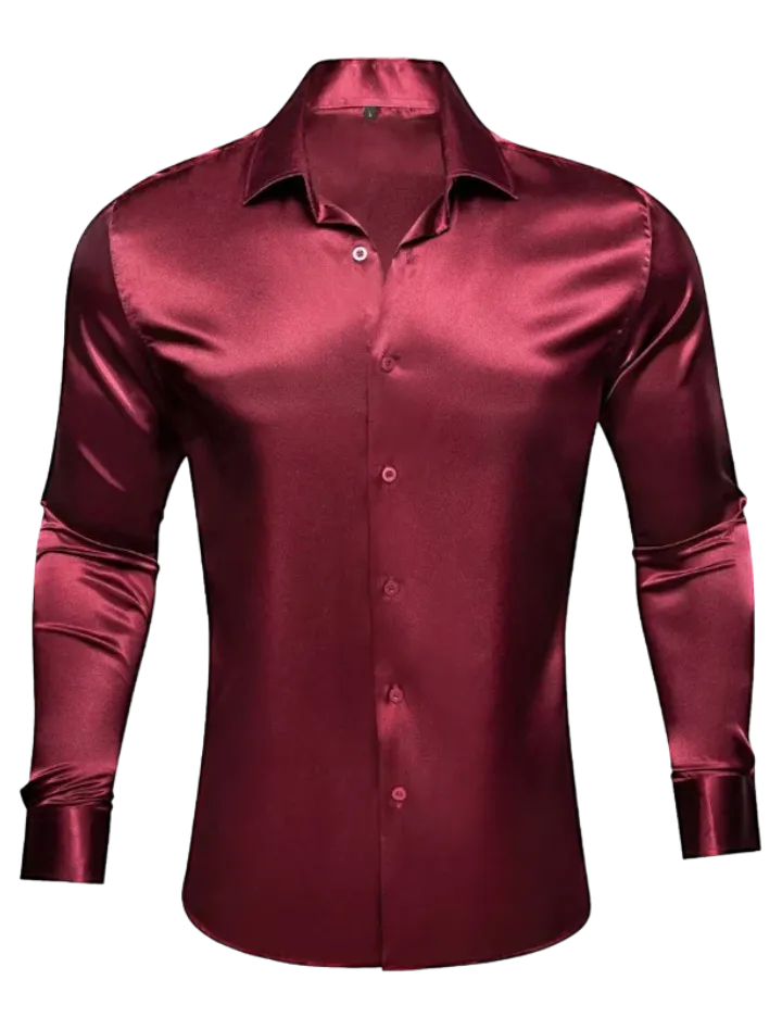 Burgundy Shiny Men's Button Up Shirt Long Sleeves Slim Fit Satin Material