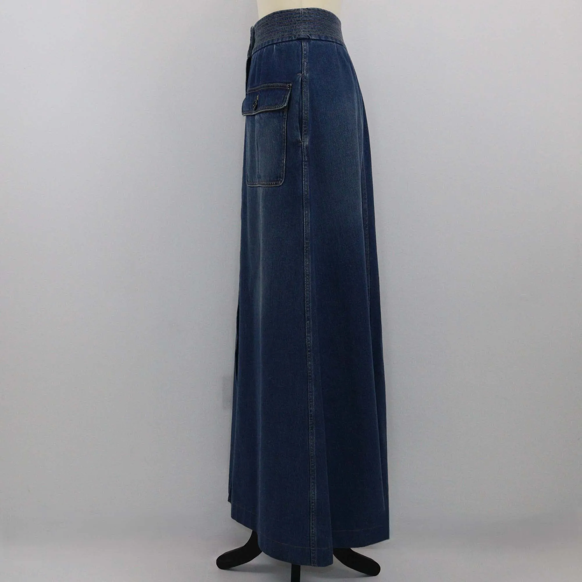 Chloe Indigo Denim Button Front Flared Maxi Skirt