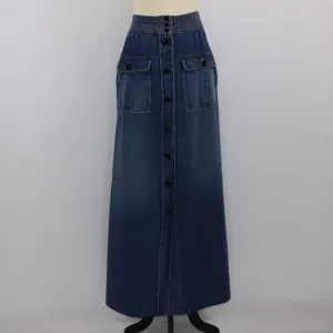 Chloe Indigo Denim Button Front Flared Maxi Skirt