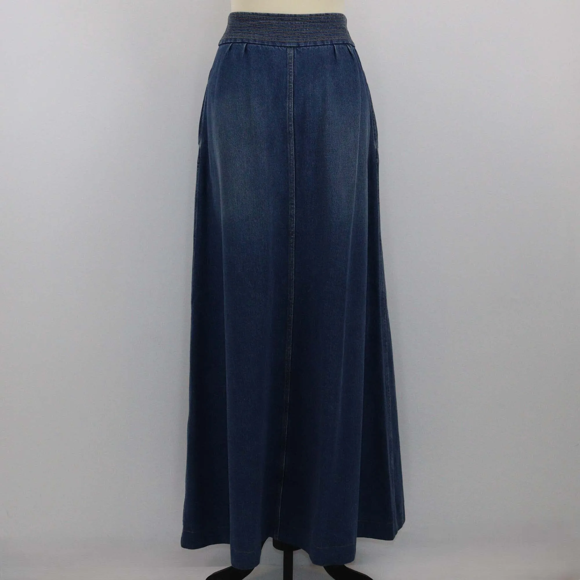 Chloe Indigo Denim Button Front Flared Maxi Skirt