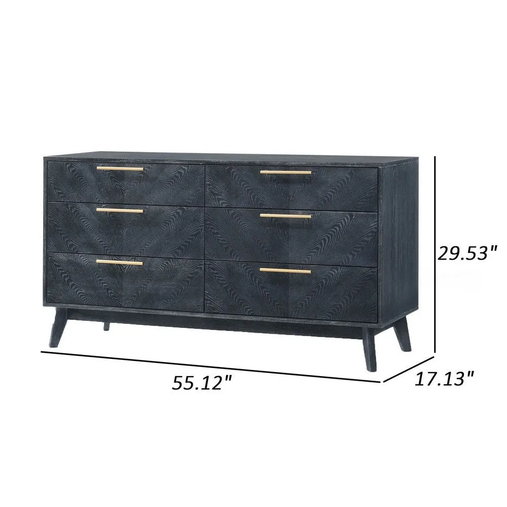 Cid Coy 55 Inch Wide Dresser, 6 Drawer, Metal Base, Gray Wood Grains, Gold By Casagear Home