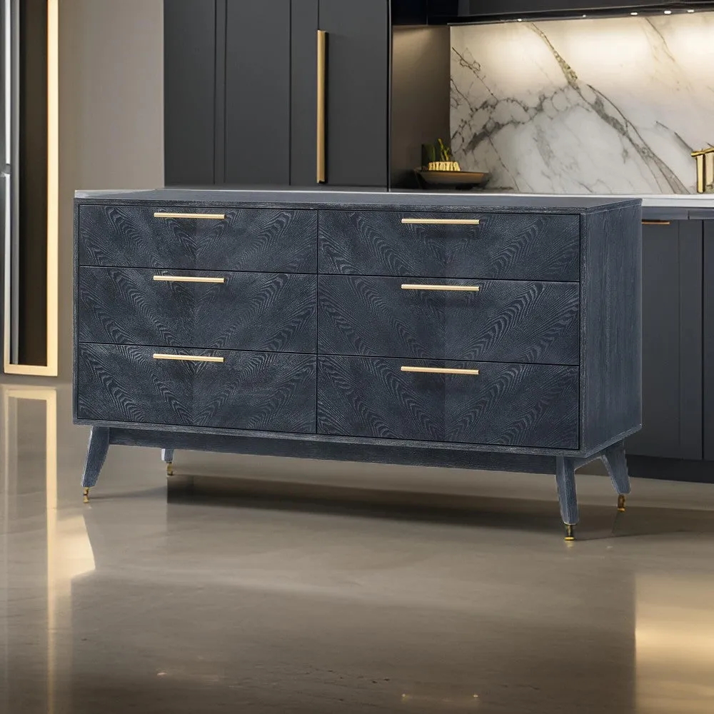 Cid Coy 55 Inch Wide Dresser, 6 Drawer, Metal Base, Gray Wood Grains, Gold By Casagear Home