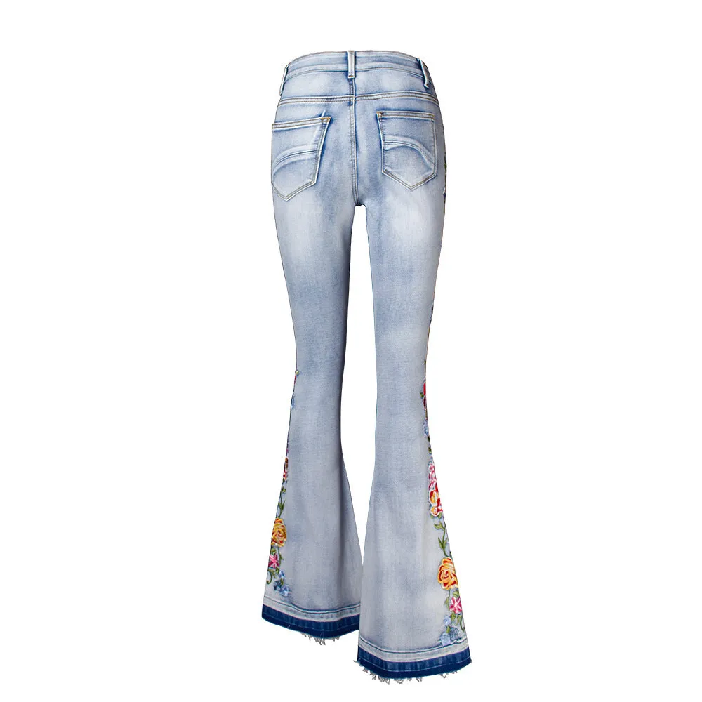 Cowboy Flared Women's Embroidery Trousers Bell-bottom Pants Plus Size Jeans