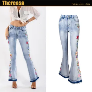 Cowboy Flared Women's Embroidery Trousers Bell-bottom Pants Plus Size Jeans