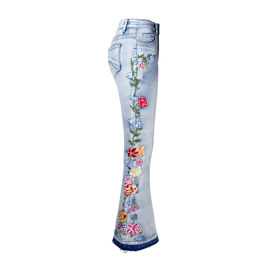 Cowboy Flared Women's Embroidery Trousers Bell-bottom Pants Plus Size Jeans