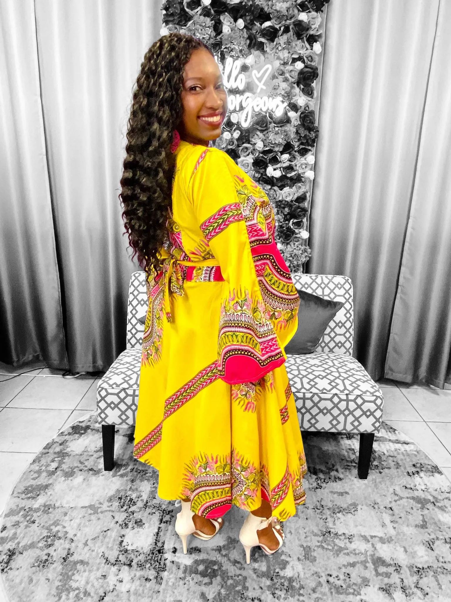 Dashiki Print Bell Sleeves Wrap Dress