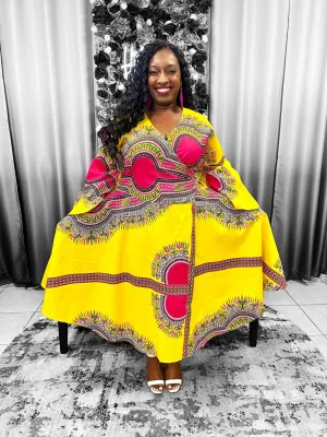 Dashiki Print Bell Sleeves Wrap Dress