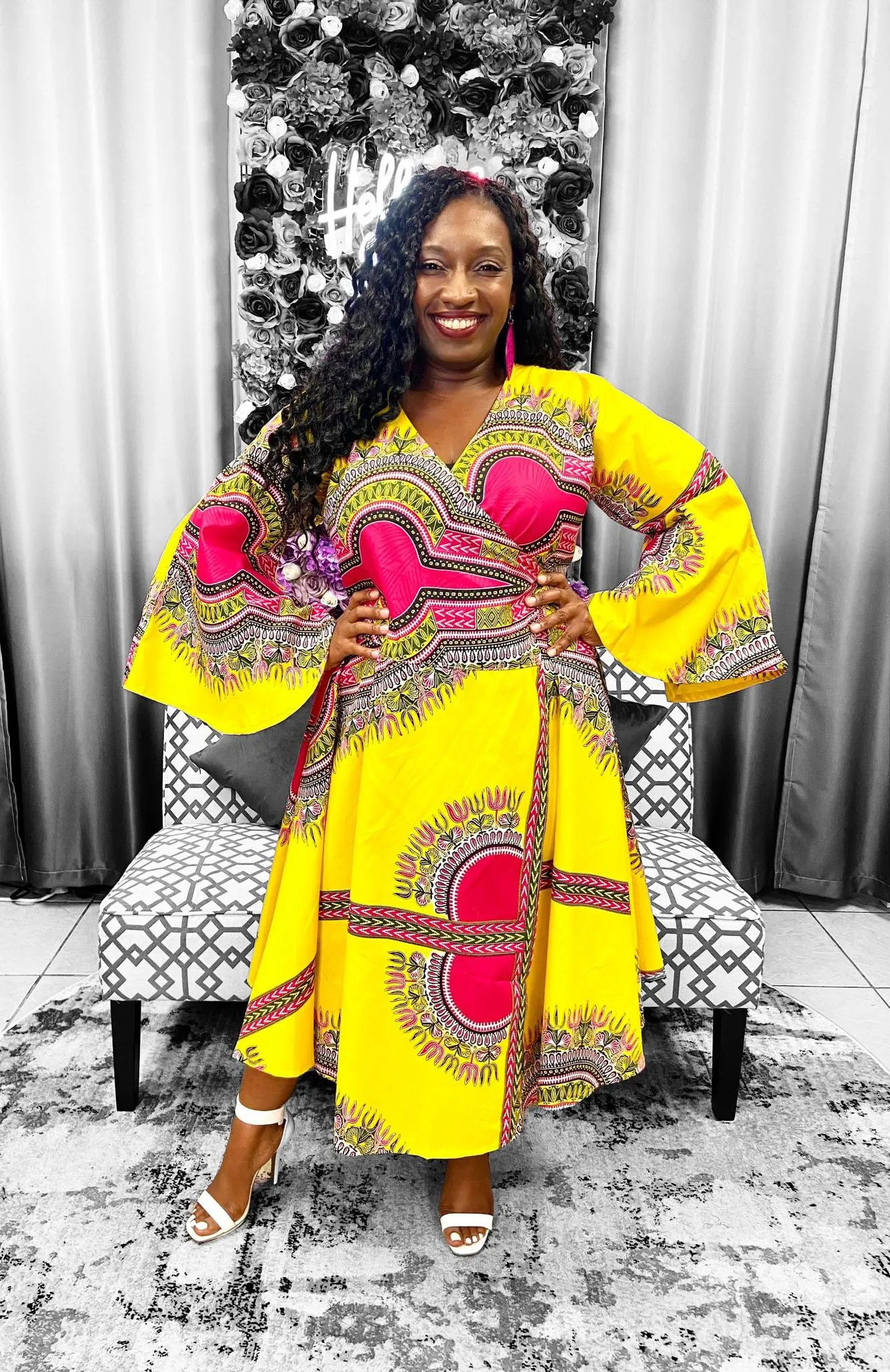 Dashiki Print Bell Sleeves Wrap Dress