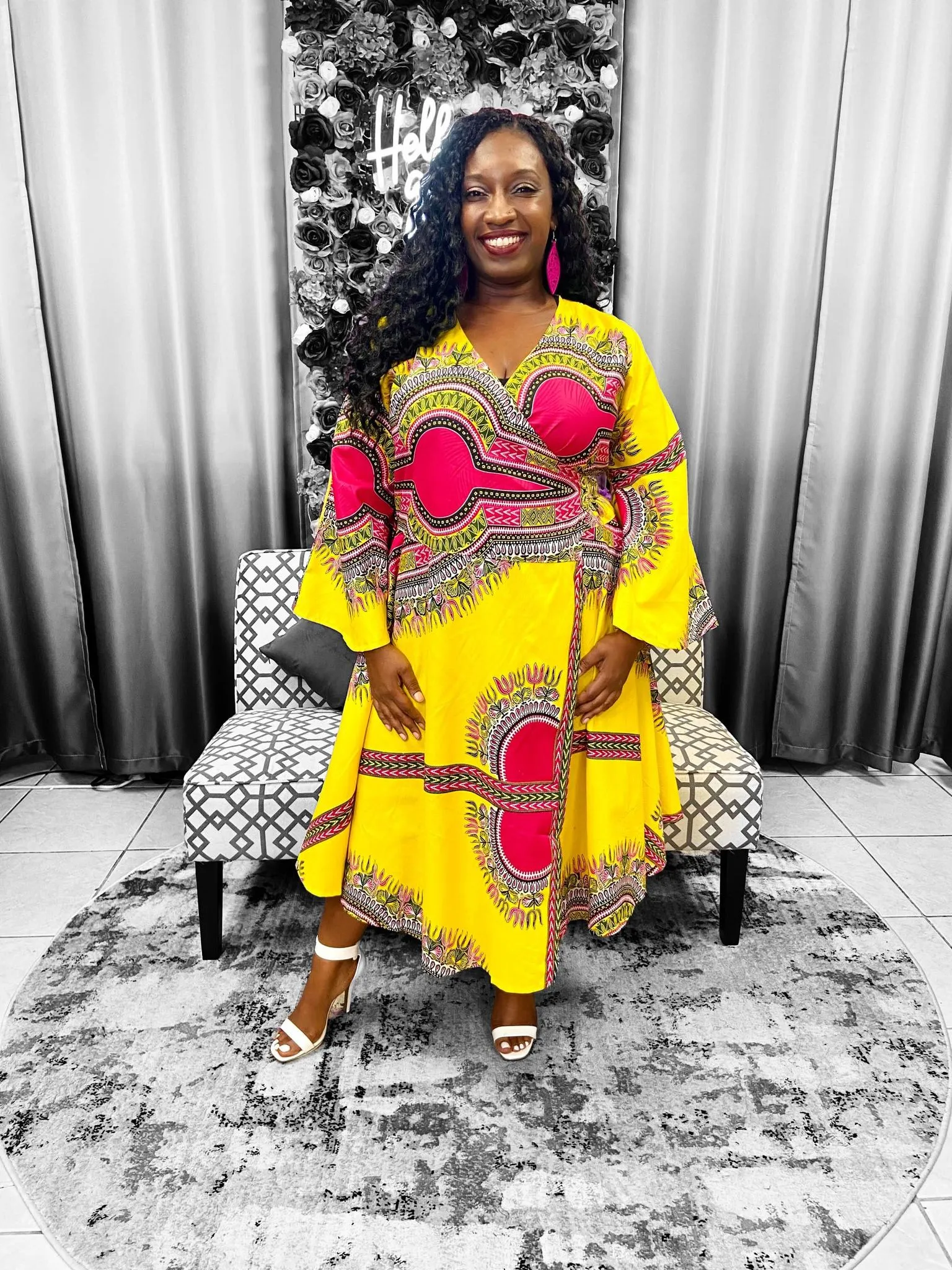 Dashiki Print Bell Sleeves Wrap Dress