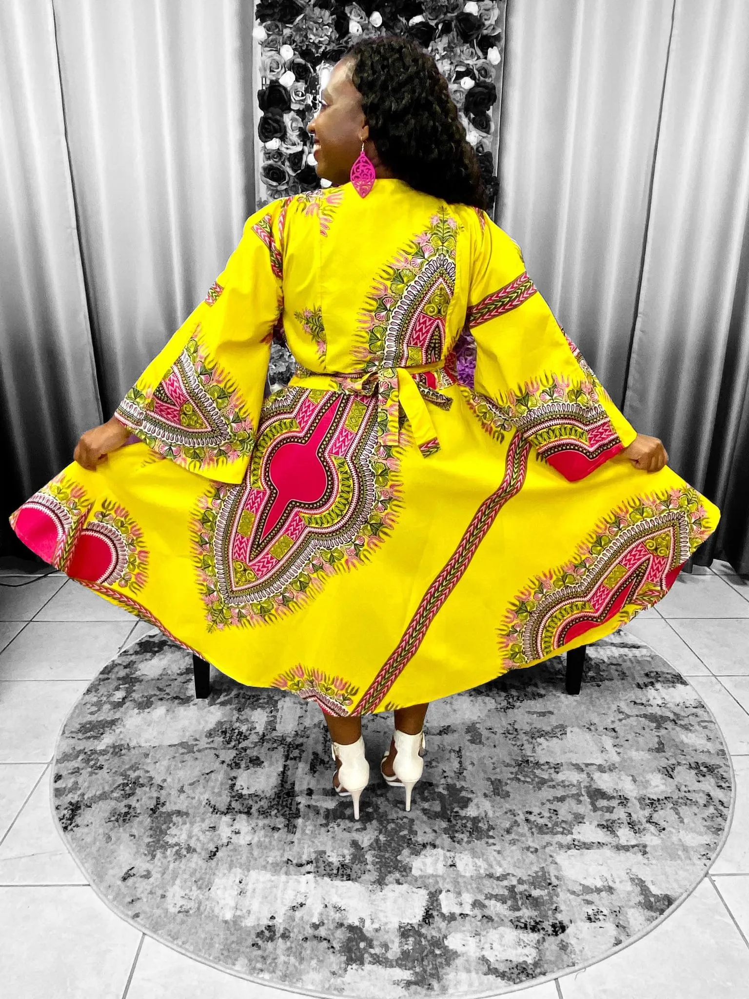 Dashiki Print Bell Sleeves Wrap Dress