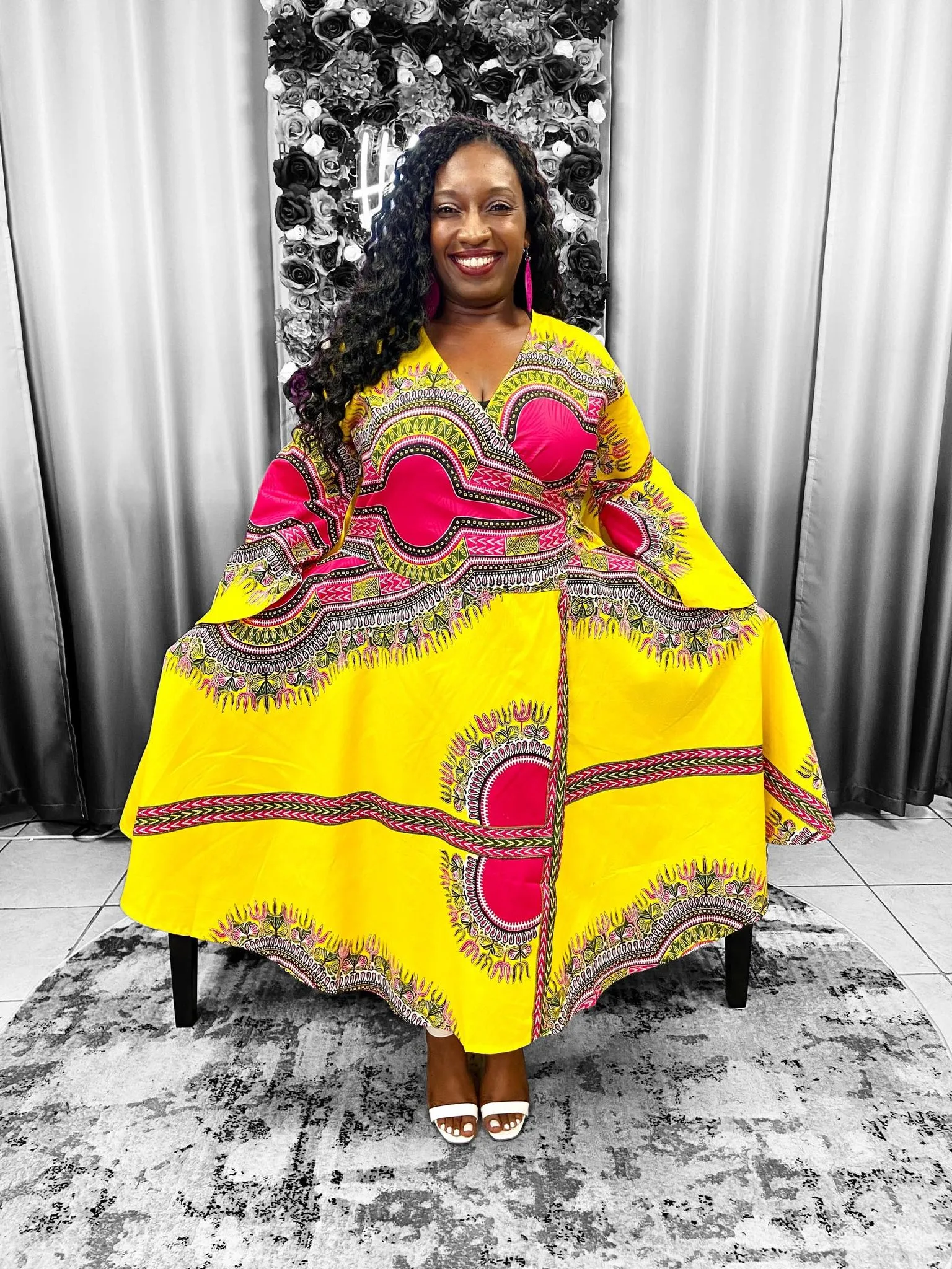 Dashiki Print Bell Sleeves Wrap Dress