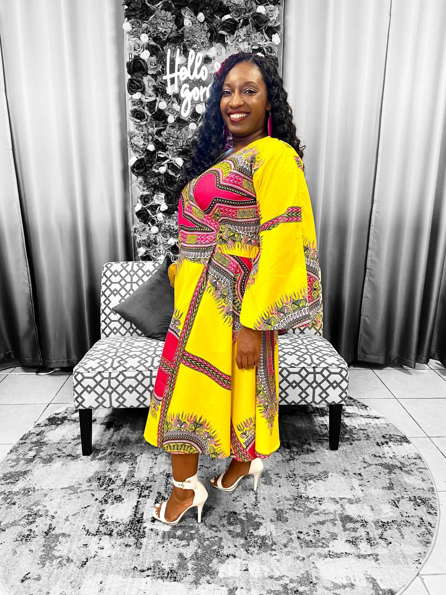 Dashiki Print Bell Sleeves Wrap Dress