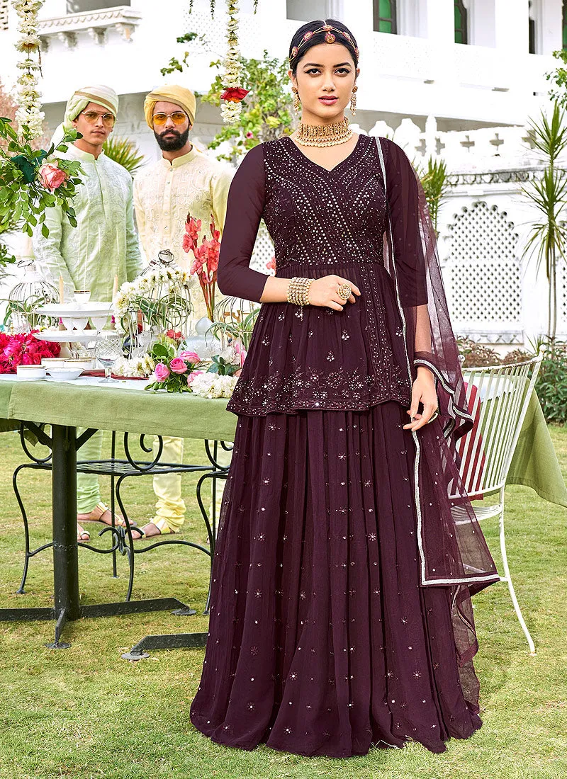 Deep Wine Mirror Embroidered Peplum Style Gharara Suit