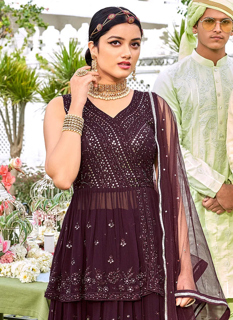 Deep Wine Mirror Embroidered Peplum Style Gharara Suit