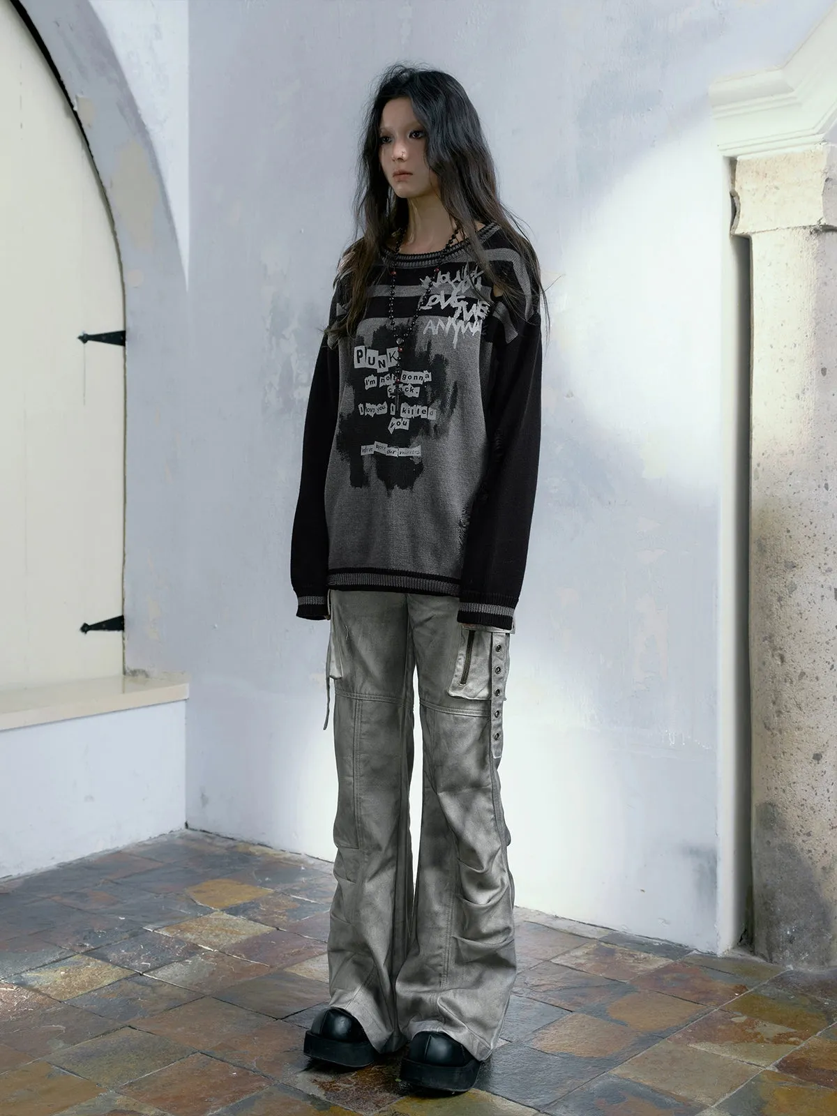 Dirty Wash Work Flared Trousers