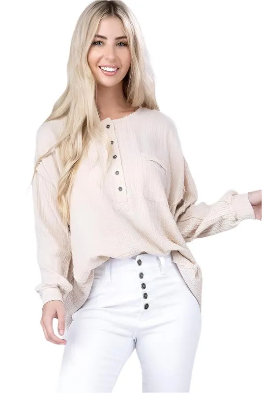 Double Gauze Oversized 3/4 Button Henley Neck Top