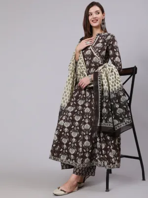 DUPATTA SET - BROWN, COTTON PRINTED FLARED