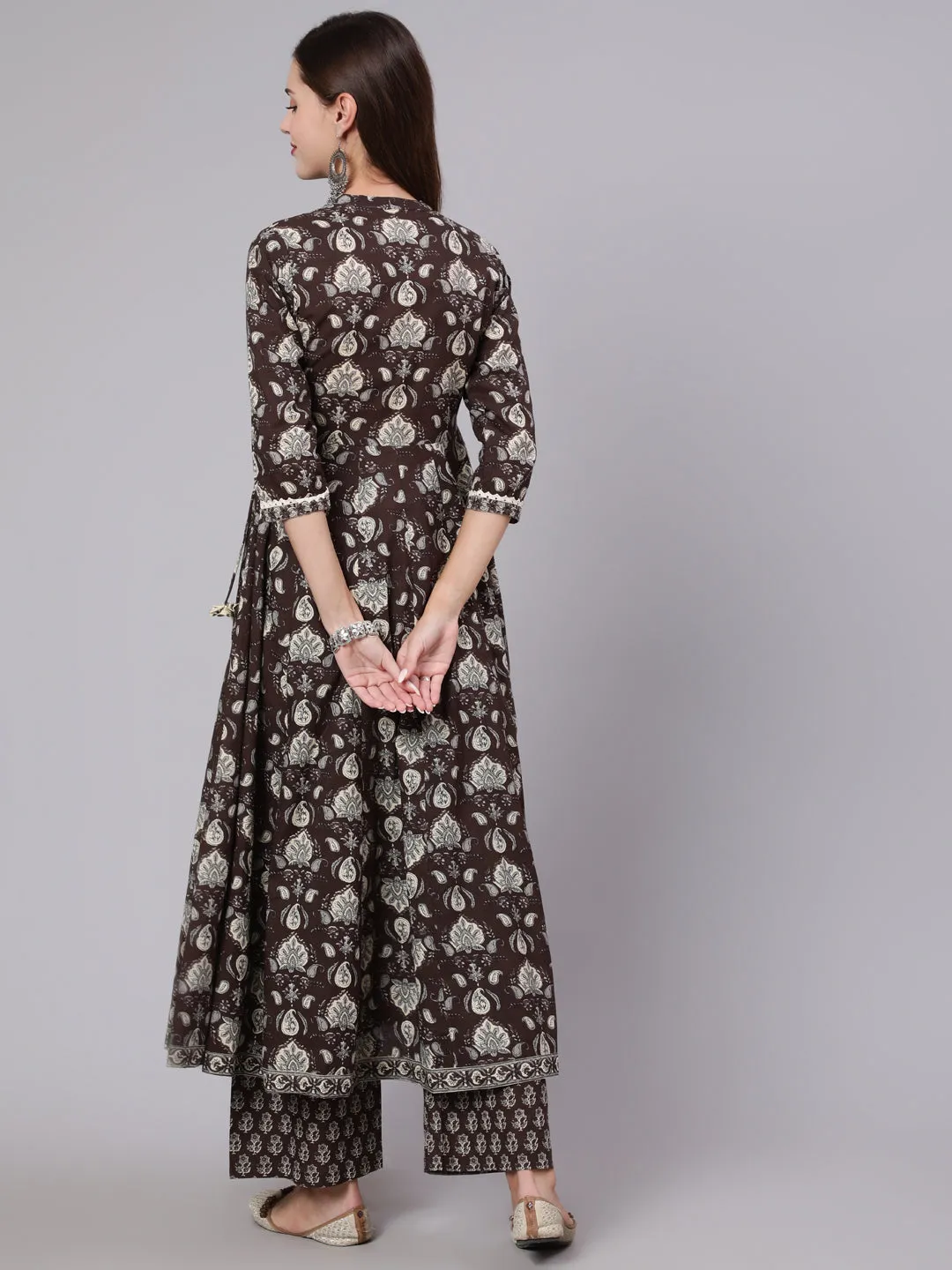 DUPATTA SET - BROWN, COTTON PRINTED FLARED