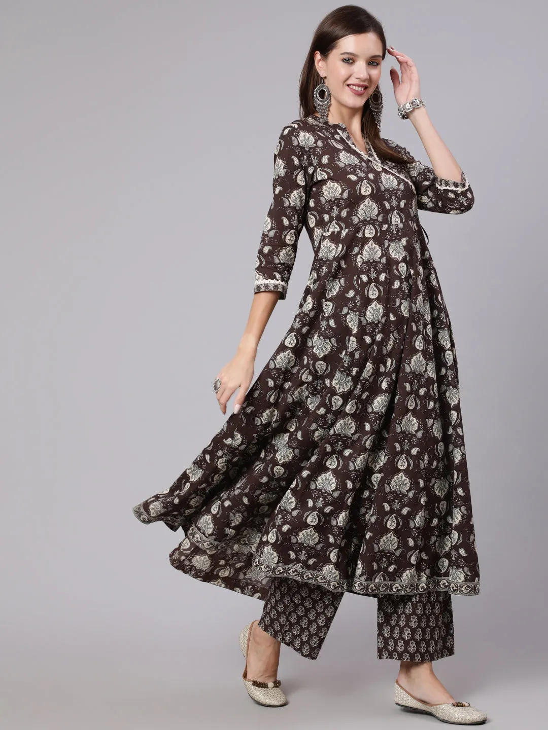 DUPATTA SET - BROWN, COTTON PRINTED FLARED