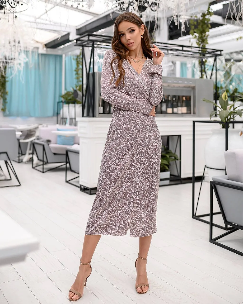 Dusty Pink Silk Wrap Midi Dress
