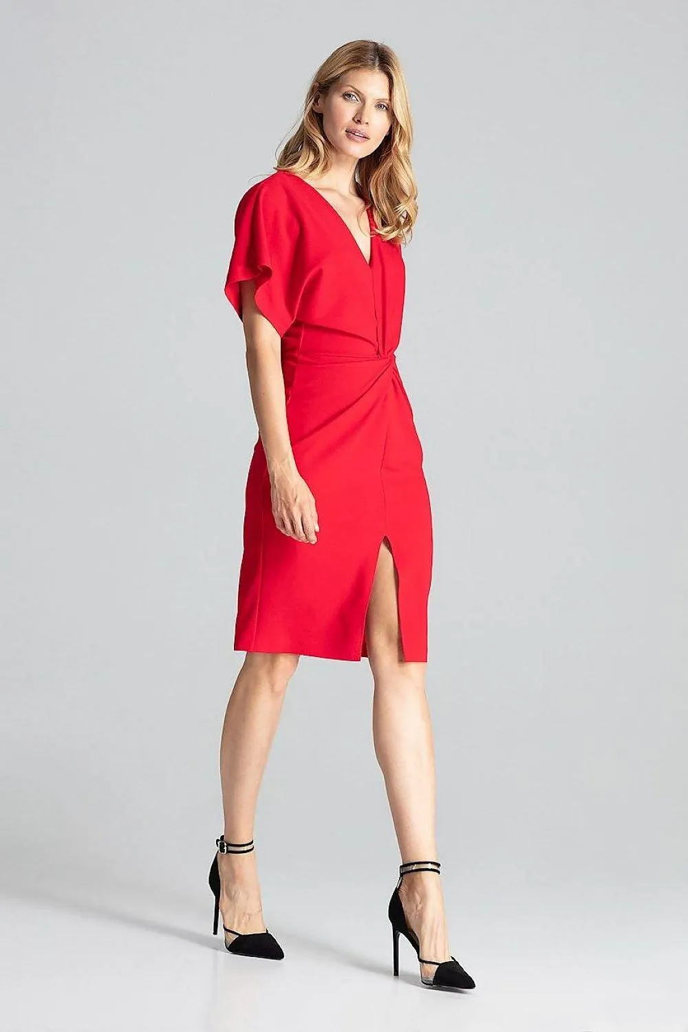 Elegant Navy Blue Midi Dress with Kimono Sleeves and Alluring Envelope Neckline