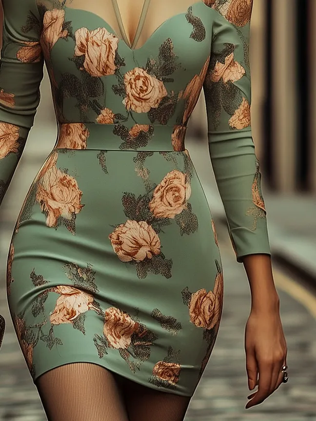 Elegant Peach Floral Print Sheer Patchwork Chiffon Bodycon