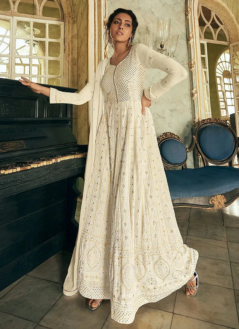 Elegant White Georgette Chikankari Embroidered Anarkali