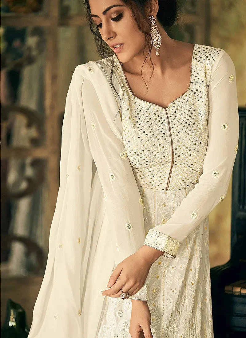 Elegant White Georgette Chikankari Embroidered Anarkali