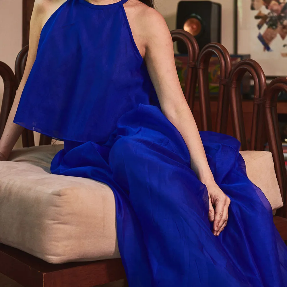Flared Halter Top- Royal Blue Chanderi Cotton Silk