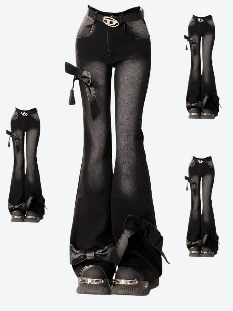 Flared High-Waist Ribbon Accent Pants