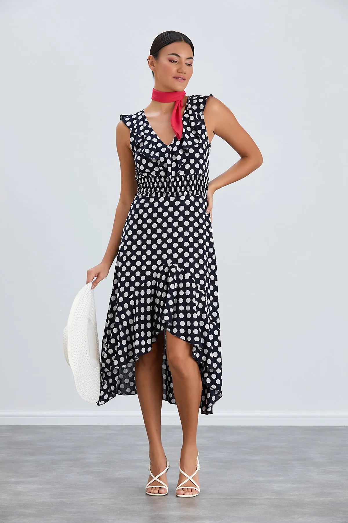 Flirty Ruffle Midi Dress in Dots