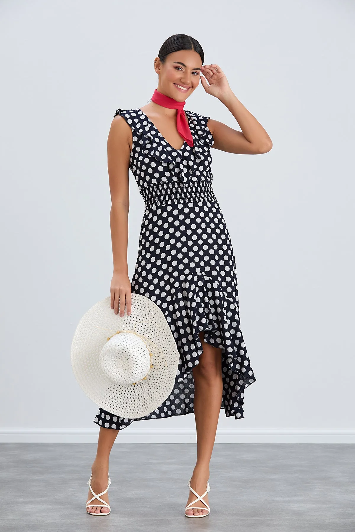 Flirty Ruffle Midi Dress in Dots