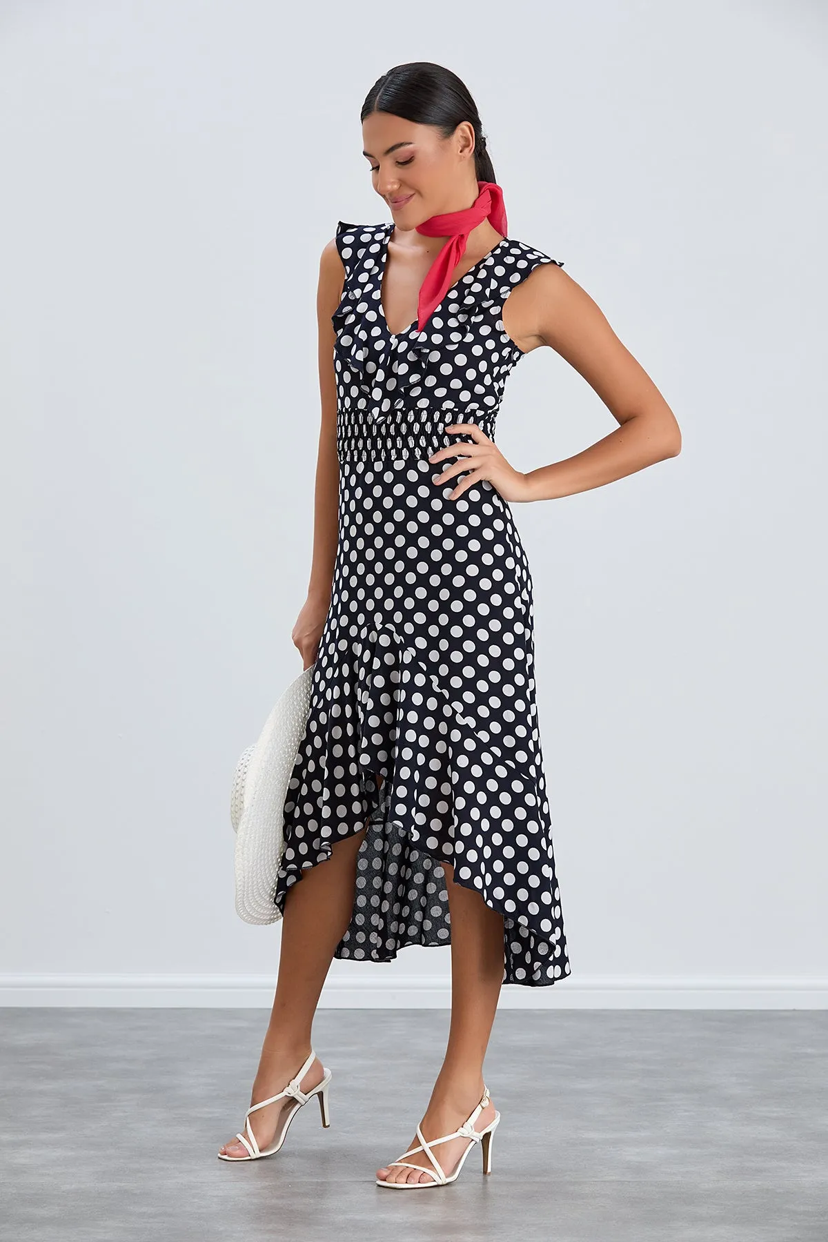 Flirty Ruffle Midi Dress in Dots