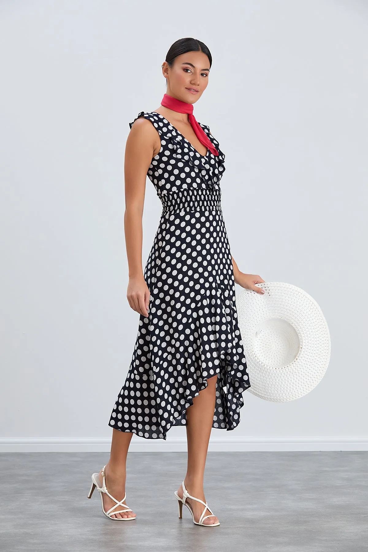 Flirty Ruffle Midi Dress in Dots